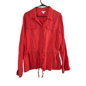 Charter Club 100% Linen Button Front Top L Womens Red Long Sleeve Classic